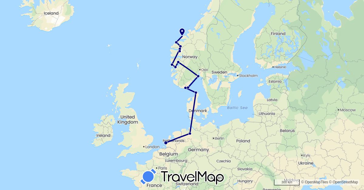 TravelMap itinerary: driving in Germany, Denmark, Netherlands, Norway (Europe)